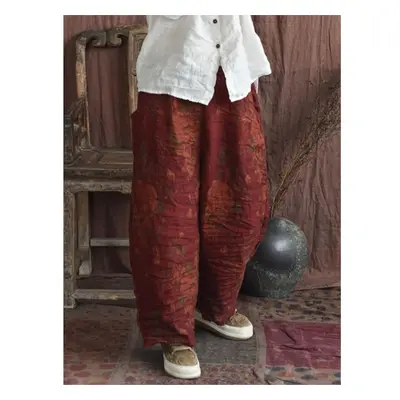 (red, One Size) Johnature Women Vintage Linen Wide Leg Pants Elastic Waist Print Floral Spring T