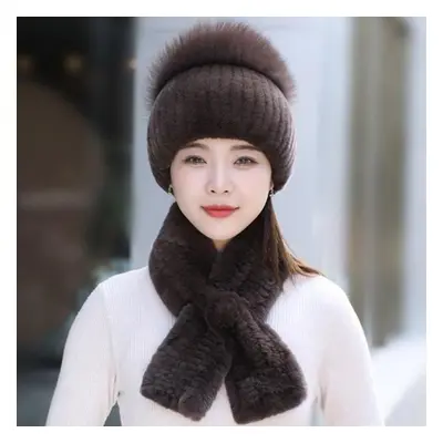 (coffee, Good elasticity 52cm-60cm) Rex Rabbit Fur Hat Scarf Sets Women Winter Warm Luxury 100% 