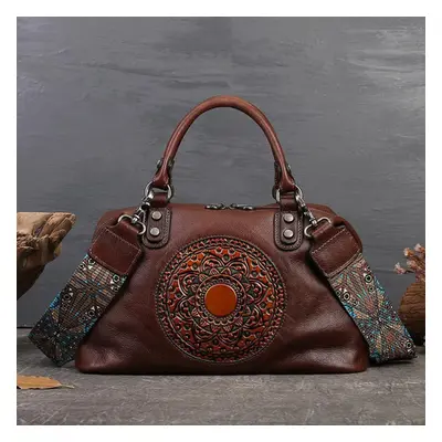 (coffee) Johnature Handmade Retro Totem Women Handbag Genuine Leather Versatile Casual Tote Real