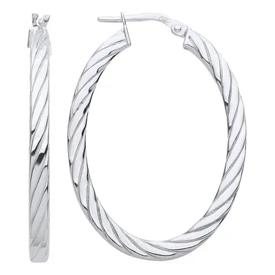 Jewelco London Ladies Rhodium Plated Sterling Silver Square Tube Twisted Oval Hoop Earrings - ER