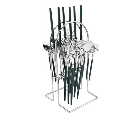 (green,silver) 24pcs Mirror Western Cutlery Set With Luxury Cutlery Storage Rack Include Knife F