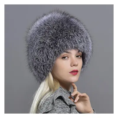 (gray) Natural Winter Fox Fur Hats Women Real Silver Fox Knit Beanie Hat Balaclava Lady Winter S