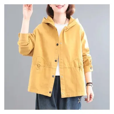 (yellow, M) Hooded Denim Jacket Women&apos;s Casual Clothing Spring Autumn Loose Fit Cropped Wor