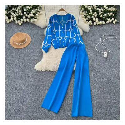 (sky blue, One Size) Fashion Basic Knitted Suits Ladies Single Breasted Print Cardigan+high Wais