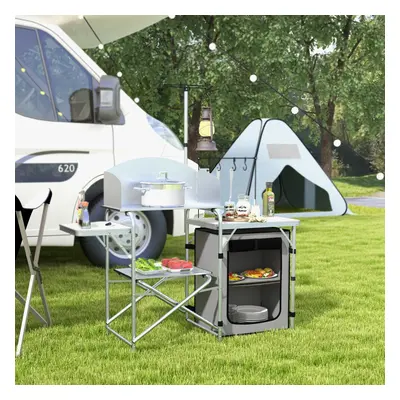 Outsunny Camping Kitchen with Cupboard Folding Camping Table with Carrying Bag