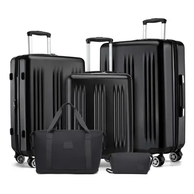 (Black) 5Pcs Travel Set Expandable ABS+PC Luggage With Duffel Bag And Toiletry Bag