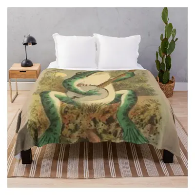 Fleece Throw Blanket Vintage Whimsical Frog Playing The Banjo In The Moonlight, Ribbit. Fun Frog