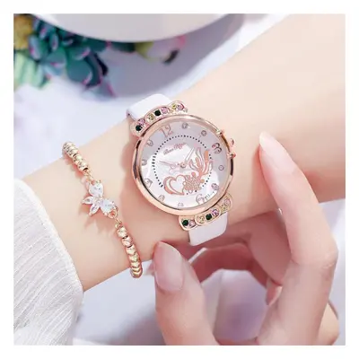 diamond Setting Women Watches Openwork Goldfish Dial Ladies Casual Leather Wristwatches Woman Qu