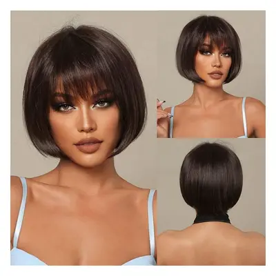 Haircube Cute Bob Synthetic Blend Human Hair Wigs Dark Brown Hair Wig Short Straight Heat Resist