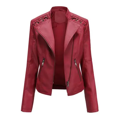 (red, XXXL) Women Fashion Lace-up Leather Jacket Slim Fit Spring Autumn Motorcycle Jacket Zipper