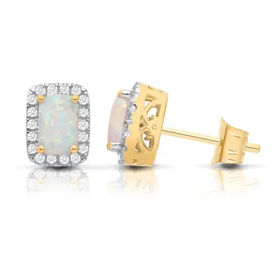 Jewelco London 9ct Gold CZ Clawset Studs With Created Emerald Cut Created Opal Stone Centre Stud