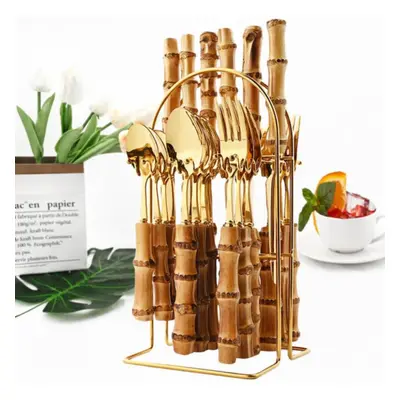 (A-bamboo handle-gold) 24pcs Natural Bamboo Handle Cutlery Set Stainless Steel Family Dinnerware