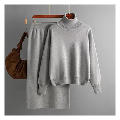 (gray, One Size) Autumn And Winter Women&apos;s Knitted Sweater Set Solid Color High Neck Long S