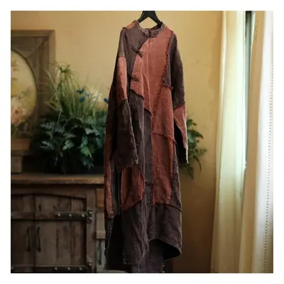 (as the picture, One Size) Johnature Autumn Woman Vintage Washing Linen Disc Buckle Loose Shirt 