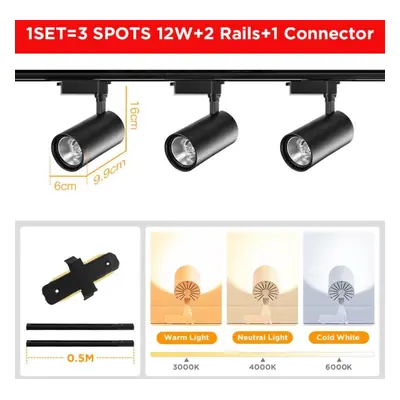 (black, 12W Warm White) (3pcs Lamps+1m Rail) Full Set Led Track Lights 220v 12/20/30/40w Cob Tra