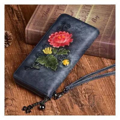 (black gray) Johnature Retro Genuine Leather Hand Luxury Wallet Handmade Embossing Phone Purse W