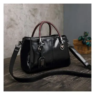 (black) Hand-woven Top-handle Bag Large Capacity Leather Handbags Stone Pattern Crossbody Should