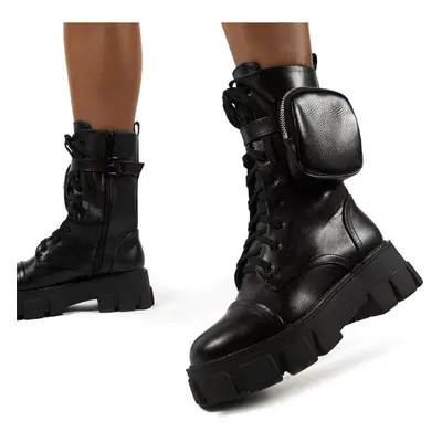 (black, 36) New Women&apos;s Boots Pocket Lace Up Ladies Ankle Boots Female Combat Army Boots Ch