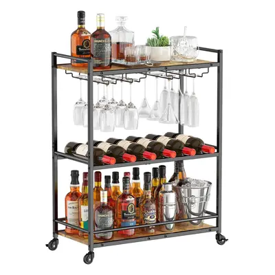 (63*30*81.5cm, Black) Tier Bar Cart with Lockable Wheels, Wine Rack and Glass Holders, Serving C