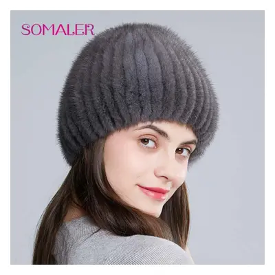 (dark grey) Somaler Women Winter Fur Hats Genuine Mink Fur Beanie Hat Thick Warm Knitted Fur Bea