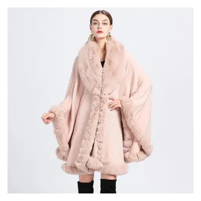 (pink, One size) Elegant V Lapel Faux Rex Rabbit Fur Coat Cape Winter Women Big Long Shawl Full 