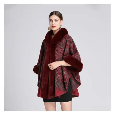 (wine red, One Size) Winter Women&apos;s Shawl Cape Fur Collar Jacquard Hooded Large Size Seven-