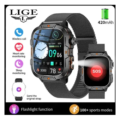 (black, mesh belt) Lige New Led Flashlight Smart Watch 420mah Bluetooth Call Sports Fitness Heal