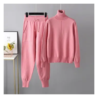 (pink, One Size) Winter Women&apos;s Sweater Set Casual Fashion High Neck Solid Color Sweater Kn