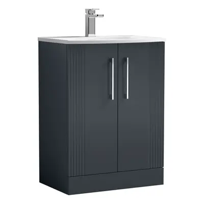 Retro Door Floor Standing Vanity Unit with Curved Tap Hole Ceramic Basin - 600mm - Satin Soft Bl