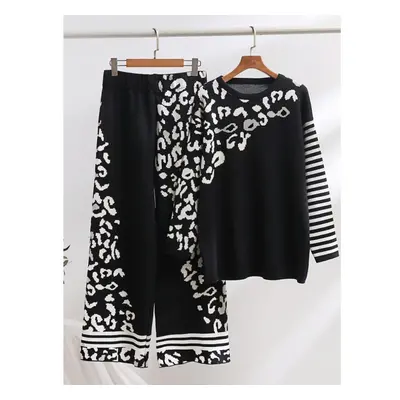 (black, One Size) Leopard Print Jacquard Knitted Two-piece Sets Women Thick Autumn Winter Loose 