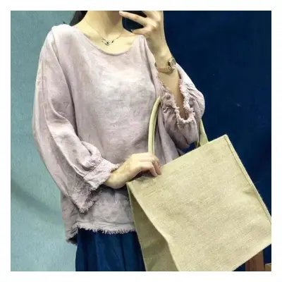 (pink, One Size) Johnature Autumn Vintage Mori Solid Color Tassel Vintage Linen Women Tops Casua