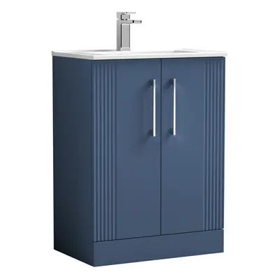 Retro Door Floor Standing Vanity Unit with Minimalist Tap Hole Ceramic Basin - 600mm - Satin Blu