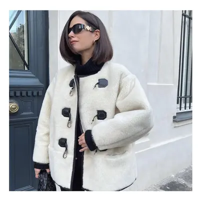 (M, Beige) Fashion Luxury Lamb Wool Coats Women O-neck Horn Button Thick Warm Loo