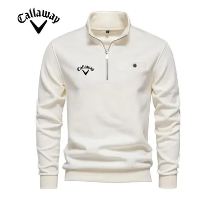 (white, L) Callaway Autumn New Men&apos;s Long Sleeved Half Zip Hoodie Casual Solid Color Pocket