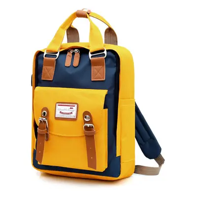 (Yellow+Blue) USB Backpack Student School Bag Waterproof Shoulder Bag Camping Travel