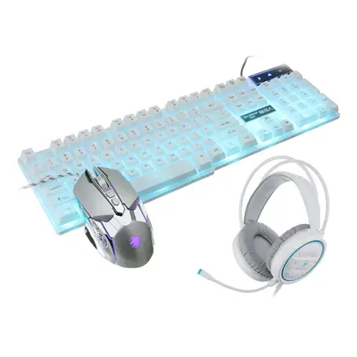 (White (Ice Blue Backlit)) 104-Key Waterproof Wired Mechanical Keyboard Headphones Mice Combo Wi