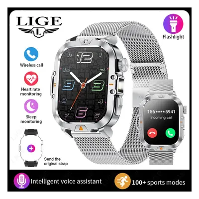 (silver, mesh belt) Lige Led Flashlight Smart Watch 2.01" Tft Large Screen Sports Fitness Health