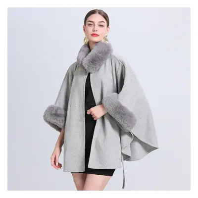 (gray, One Size) Winter Woman&apos;s Shawl Cape Jacket Fur Collar Knitted Laced Seven-point Slee