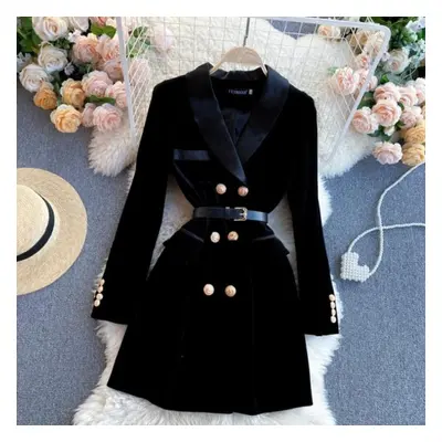 (black, L) Blazer Coat Women Velvet Suit Jacket Winter Double Breasted Long Sleeve Ladies Black 