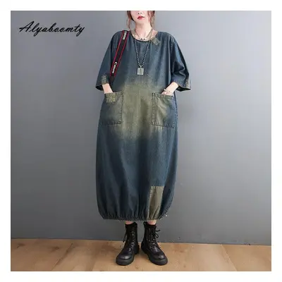 (as the picture, XXL) Plus Size Spring Summer Women Denim Midi Dress O Neck Patchwork Oversized 