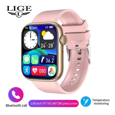 (pink, silicone strap) LIGE Body Temperature Smart Watch Women 1.85 Inch Rotary Keys Sports Brac