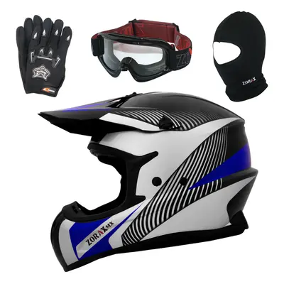 (Blue, L) ZORAX X305 Adult MX Motocross Dual Sport Helmet + Gloves + Goggles + Balaclava