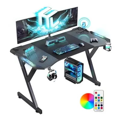 DLONGONE 120x60cm Gaming Desk with LED Lights, Computer Gaming Desk with Carbon Fibre Surface,St