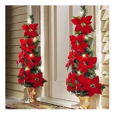 2 Pack 6.56ft Artificial Red Poinsettia Christmas Garland String with Red Berries Maple Leaves P