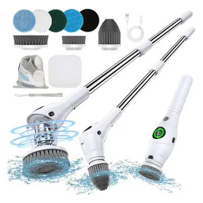 Electric Spin Floor Scrubber, Electric Cleaning Brush with Handle and Replaceable Brush Heads, 4