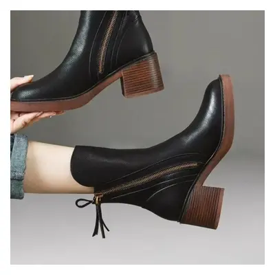 (black, 40) Retro Style Mid Tube Side Zippered Martin Boots, New Autumn Thick Heeled Women&apos;