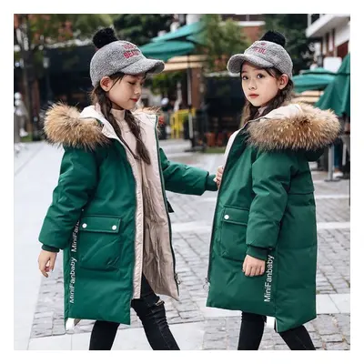 (green, 150) Autumn And Winter Girls&apos; Fashionable Mid-length Thick Fur Collar Down Jacket