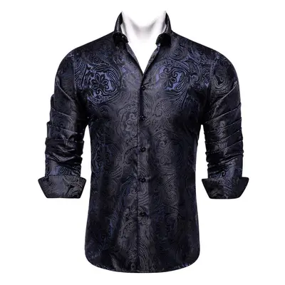 (XL, dark blue) Dibangu Silk Men&apos;s Shirts Long Sleeve Slim Fit Shirt For Men Purple Paisley