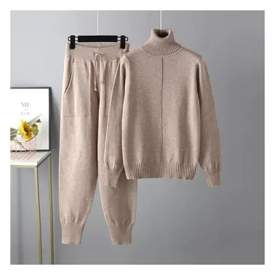 (khaki, One Size) Winter Women&apos;s Sweater Set Casual Fashion High Neck Solid Color Sweater K