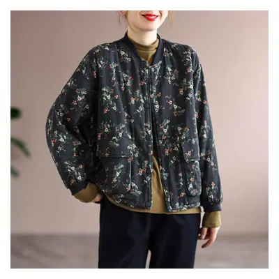 (black, One Size) Johnature Women Vintage Stand Loose Print Floral Jacket Long Sleeve Padded Coa